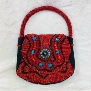 Handmade beaded turquoise & red beaded bag